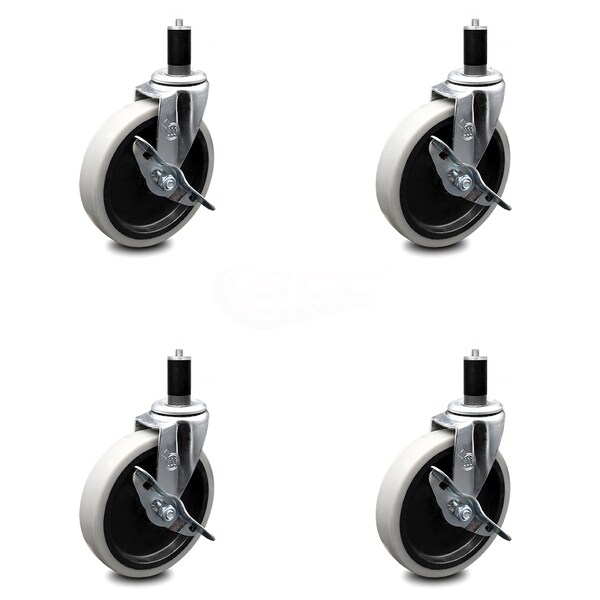 5 Inch Thermoplastic Wheel 1-3/8 Inch Expanding Stem Caster with Brakes, 4PK